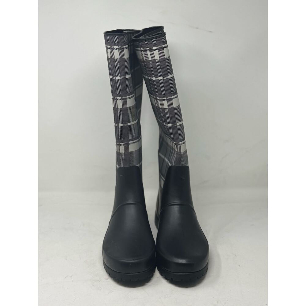 NEW RALPH LAUREN Woman's Bethania Rain Boots, Tall Black Grey Plaid (Size 9 B)